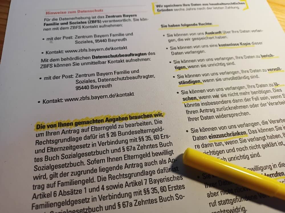 Poskytnutí osobních údajů pro zpracování žádosti o Elterngeld je nezbytné